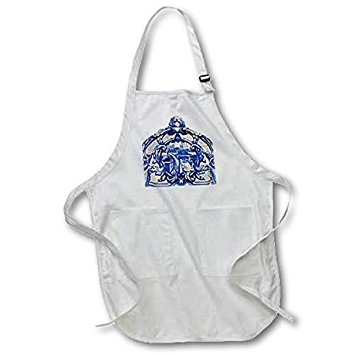 3D Rose Azulejos-Blue and White Tiles-Portugal Medium Length Apron-with Pouch Pockets, 22 x 24