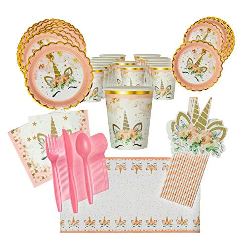 Unicorn Birthday Party Supplies for 16 Guests, Dinner and Dessert Plates, Cups, Napkins, Tablecloth, Pink-Striped Straws, Cutlery - Fun Unicorn-Themed Birthday or Baby Shower Event Unicorn Birthday Party Supplies for 16 Guests, Dinner and Dessert Plates, Cups, Napkins, Tablecloth, Pink-Striped Straws, Cutlery - Fun Unicorn-Themed Birthday or Baby Shower Event