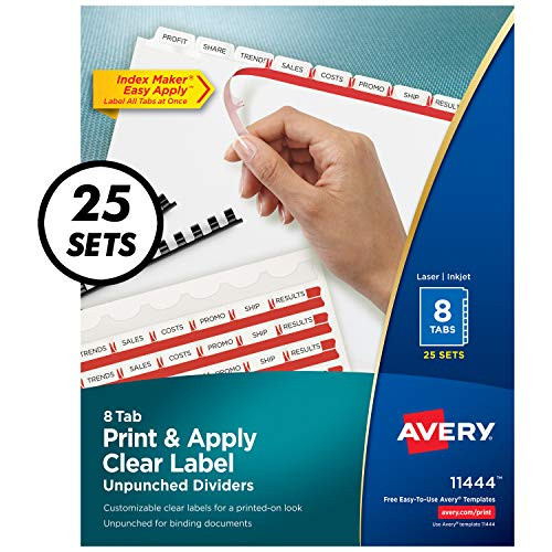 Avery 8-Tab Unpunched Binder Dividers, Easy Print & Apply Clear Label Strip, Index Maker, White Tabs, 25 Sets (11444)