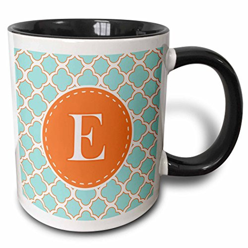 3dRose Letter E Monogram Orange Quatrefoil Pattern Ceramic Mug, 11 oz, Black/Blue