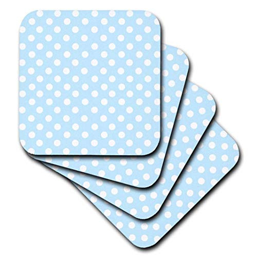 3dRose CST_56690_2 White Polka Dot Pattern on Baby Pastel Blue Retro Fifties Cute Dots & Spots Soft Coasters, (Set of 8)