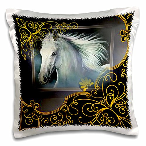 3D Rose White Stallion in A Beautiful Black Frame with Gold Accents Design Pillowcase, 16" x 16"