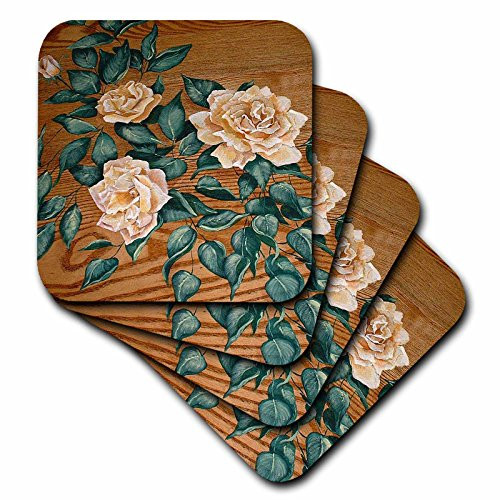 3dRose CST_44365_2 White Tea Roses and Leaves on Oak Background-Soft Coasters, Set of 8