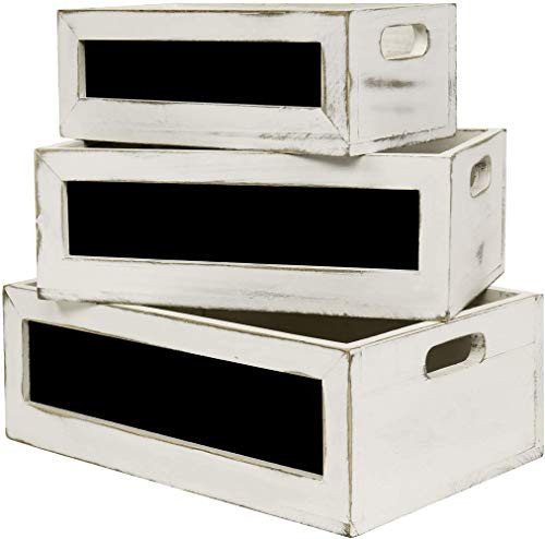 Whitewashed Wood Nesting Storage Crates with Chalkboard and Cutout Handles,Rectangular Vintage Wooden Crates for Storage Set of 3-14.2"/13"/11.8"
