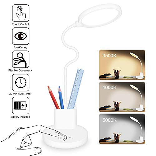 Battery Operated LED Desk Lamp - Rechargeable Reading Lamp Flexible Gooseneck,Honesorn 3 Color Modes Touch Table Lamp with Pen Holder,Stepless Dimmable Desk lamp for Dorm Study Office Bedroom