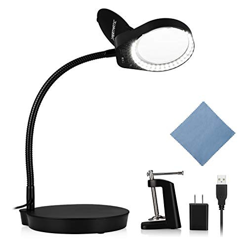 XpertMatic PD-4S Magnifying Glass with 38 LED Lights, Stand and Metal Clamp, Dimmable 5 Diopter Magnifier with Lights and Flexible Gooseneck for Close Work, Reading, Crafts and Hobbies - 2.25X