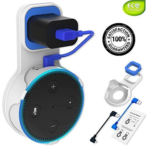 Echo Dot Wall Mount - Echo Dot Accessories - Echo Dot Holder - Alexa Holder - Echo Dot Outlet - Station Wall Case Stand Hanger Bracket Plate - for Echo Dot 2nd Generation - with Black & Blue Cables