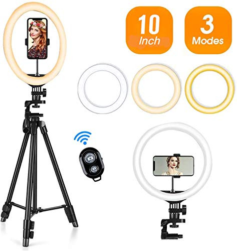 10" Selfie Ring Light with Tripod Stand and Cell Phone Holder for Makeup/YouTube/Tiktok, 10 Levels Brightness & 3 Modes 144 LED Bulbs Chip Ring Light with Remote Control, Compatible for iPhone/Android