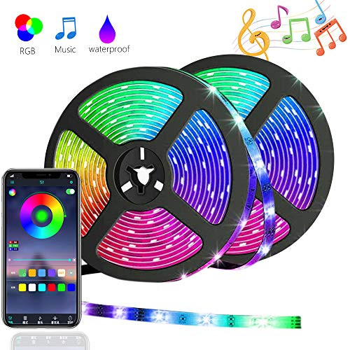 Bluetooth LED Strip Lights Kit 32.8ft Sync to Music, Waterproof, 300 LEDs SMD 5050 RGB Light, IR Remote, Flexible Changing Multi-Color Lighting Strips for TV, Room, Party