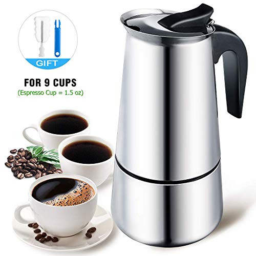 Stovetop Espresso Maker, Moka Pot for 9 Cup (Espresso Cup = 1.5 oz), Stovetop Coffee Maker with Safety Valve - Blew 13.5 oz