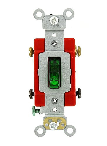 Leviton 1222-PLG 20 Amp, 120 Volt, Toggle Pilot Light, Neutral Double-Pole AC Quiet Switch, Extra Heavy Duty Spec Grade, Self Grounding, Back and Side Wired, Green