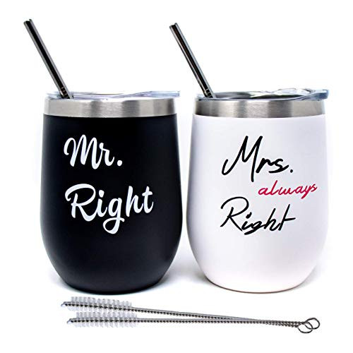 Wine Tumblers Set of 2 with Funny Sayings - Stainless Steel Wine Tumblers with Lid and Straw - Reusable Tumblers - Black and White