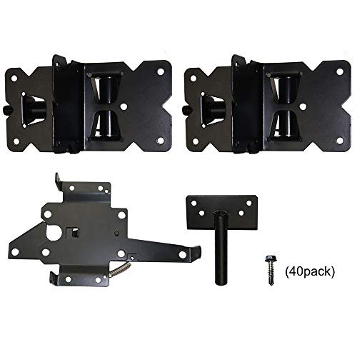 WINSOON Self Closing Gate Hinges 2-Pack Black Finish Vinyl Fence Gate Hinges, with Heavy Duty Gate Latch for Vinyl and Wood Fence, Made of Stainless Steel