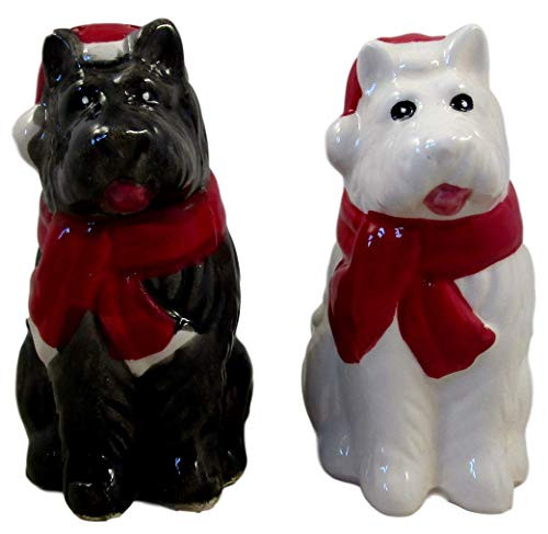 Winter Holiday Ceramic Salt and Pepper Shakers (Black and White Scottie Dogs with Red Scarves)