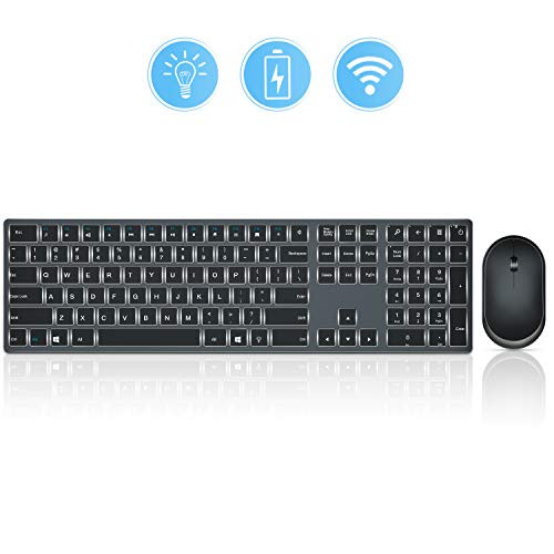 Wireless Keyboard and Mouse Backlit, seenda 2.4GHz Ultra Slim Rechargeable Keyboard and Mouse Combo with White LED Backlit for Computer, Laptop, PC, Desktop, Notebook, Windows 7, 8, 10 - Space Gray
