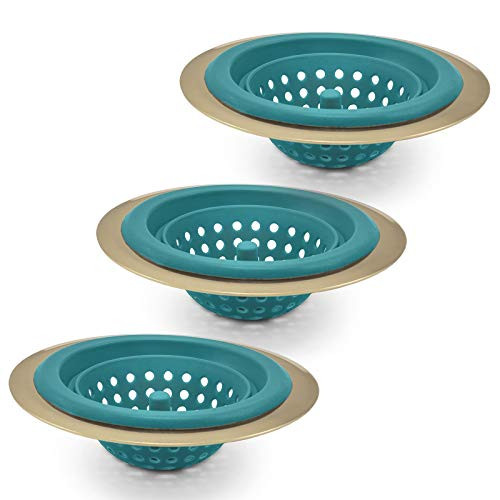 COOK with COLOR Set of 3 Sink Strainers, Flexible Silicone Kitchen Sink Drainers, Traps Food Debris and Prevents Clogs, Large Wide 4.5 Diameter Rim  Aqua and Gold