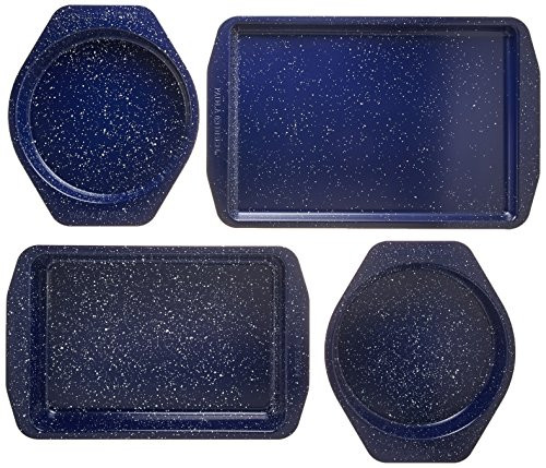 Paula Deen 46812 Speckle Nonstick Bakeware Set with Baking Pan, Cake Pans and Cookie Sheet / Baking Sheet - 4 Piece, Deep Sea Blue Speckle