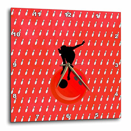 3dRose dpp_180790_3 Woman on Bowling Ball with Bowling Pin Background, Red-Wall Clock, 15 by 15-Inch