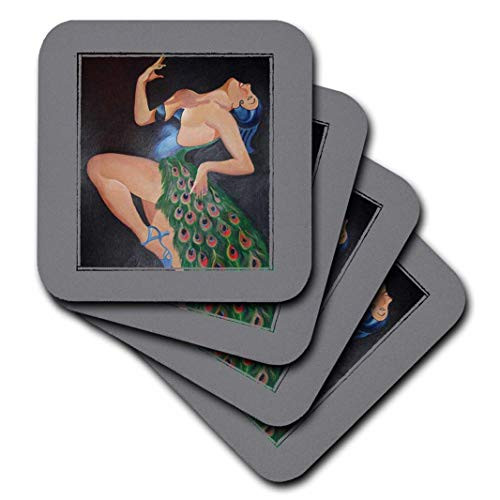 3dRose CST_24926_3 Woman Peacock Party Ceramic Tile Coasters, Set of 4
