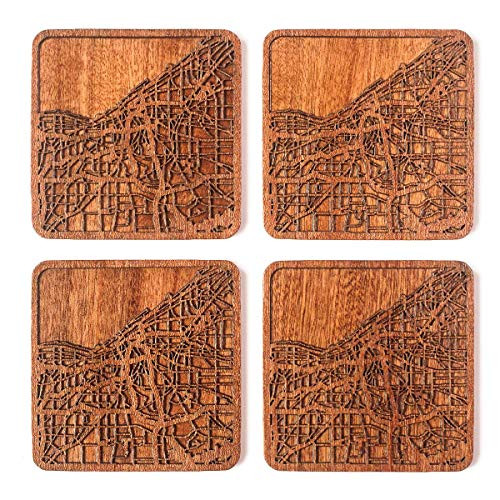Cleveland Map Coaster, Set of 4, Sapele Wooden Coaster with city map, Multiple city optional, Handmade