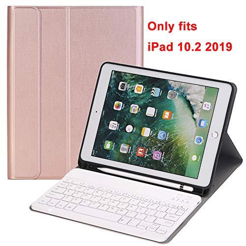 Keyboard Case 10.2 inch for iPad 7th Generation 10.2 2019 iPad 7th Gen, Auto Sleep/Wake Detachable Wireless Bluetooth Keyboard Magnetic Smart Case Cover Built-in Pencil Holder, Rose Gold