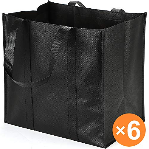 6 Pack Reusable Grocery Tote Bags, Hold 44+ lbs, Extra Large & Durable, Heavy Duty Shopping Totes,Grocery Bag with Reinforced Handles, Completely Reinforced Bottom & Straps (BLACK)