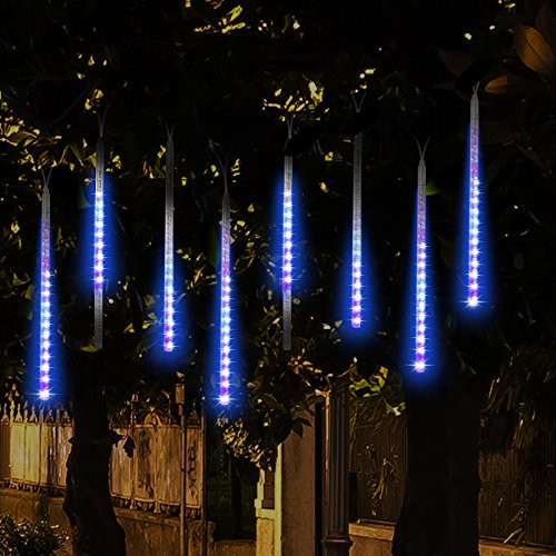 Falling Rain Christmas Lights, MIJOYE Waterproof LED Meteor Shower Lights with 30cm 8 Tube 144 LEDs, Icicle Snow Fall String Cascading Lights for Wedding, Party, Holiday, Xmas Tree, Garden (Blue)
