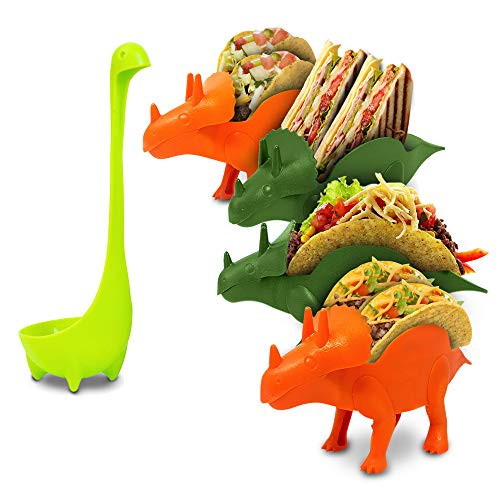 Dinosaur Taco Holder Set by East World  Tacosaur Tribe with BrontoSpoon Ladle - 4x Dino Stands for 8x Jurassic Tacos! Triceratops Taco Stand Holder, Taco Truck or Kids Plastic Novelty Taco Plates