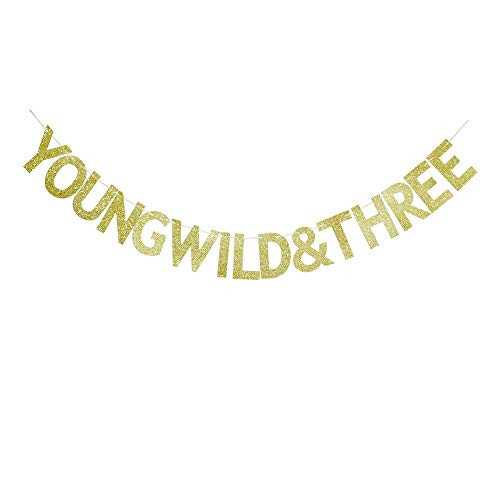 Young Wild & Three Banner, Vintage Gold Glitter Sign for Kids' 3rd Birthday Party Bunting Decorations Young Wild & Three Banner, Vintage Gold Glitter Sign for Kids' 3rd Birthday Party Bunting Decorations