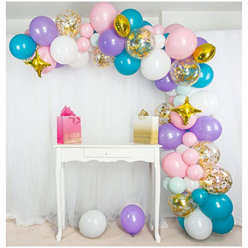 Shimmer and Confetti Premium Mermaid, Unicorn Balloon Arch & Garland Kit with Pink, Purple, White, Aqua and Mint Green, Gold Foil Star and Round Balloons. Unicorn Birthday Party Supplies