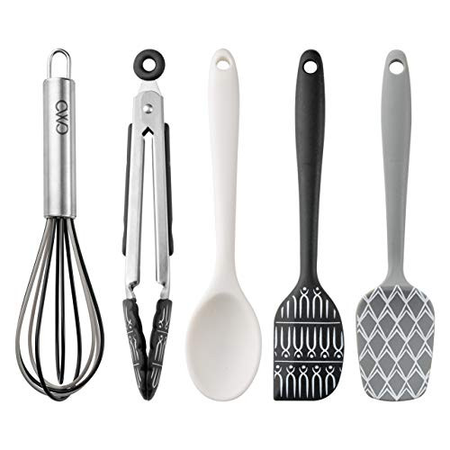 Cook With Color Set of Five MINI Kitchen Utensil Set - Silicone Kitchen Tools, Whisk, Tong, Spatula, Spoonula and Spoon (Black and White Collection)