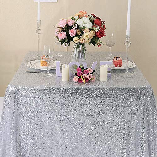 Zdada 55inx72in Silver Sequin Tablecloth, Silver Wedding Tablecloth, Silver Glitter Tablecloth, Silver Sparkly Tablecloth