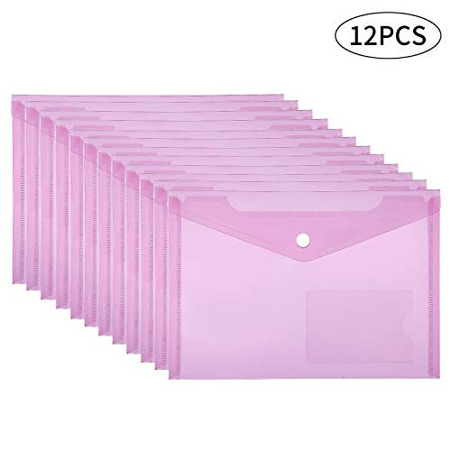 12 Pack Plastic Envelopes Poly Envelopes US A5 Size File Envelopes, Clear Document Folders with Label Pocket & Snap Button for School Home Office - Rose Red