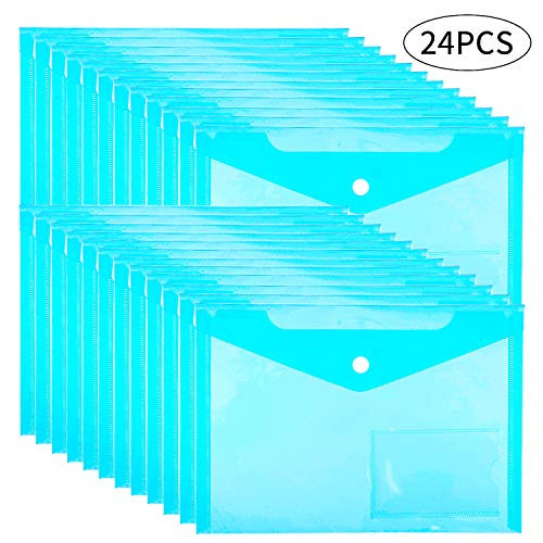 24 Pack Plastic Envelopes Poly Envelopes A5 Size File Envelopes, Clear Document Folders with Label Pocket & Snap Button for School Home Office - Green