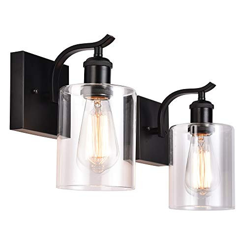 Cuaulans 2 Pack Industrial Black Wall Sconce, Clear Glass Shade Wall Lamp Light Fixture for Outdoor Indoor Bathroom Bedroom Hallway