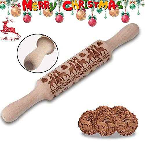 Christmas Wooden Rolling Pins - Deeply Engraved Embossing Rolling Pin with Christmas Deer Pattern for Baking Embossed Cookies,Rolling Pin Kitchen Tool (14 inch)