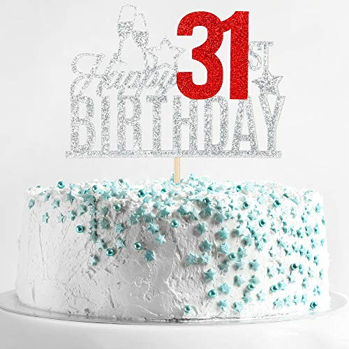 Happy 31st Birthday Cake Topper - Thirty one-year-old Cake Topper, 31st Birthday Cake Decoration, 31st Birthday Party Decoration (Silver and Red)