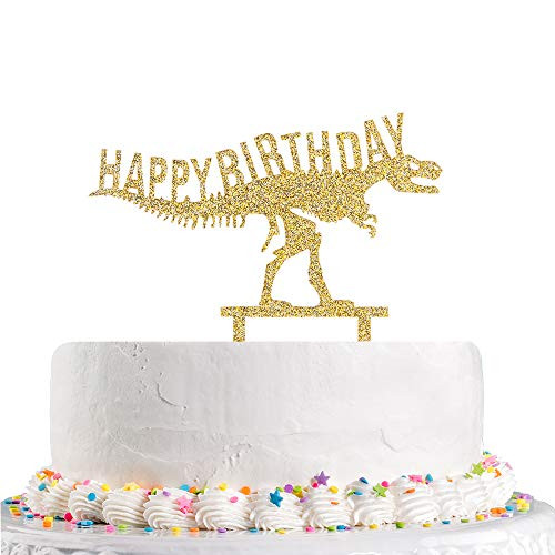 Happy Birthday Cake Topper with Dinosaur,Gold Glitter Happy 1st 2nd 3rd 4th 5th 10th Children's Birthday Party Decoration Supplies(Acrylic)