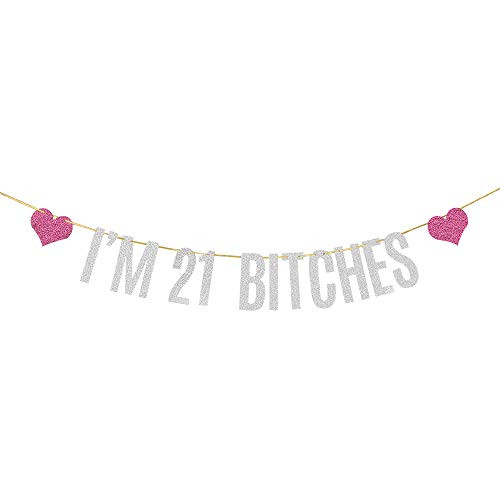 Silver Glitter I'm 21 Bitches Banner Happy 21st Birthday Banner Cheers to 21 Years Funny Birthday Theme Party Decorations