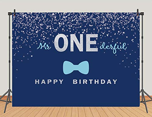 Blue and Silver Mr. Onederful Theme Photography Backdrop Blue Bow Tie Boy Baby Shower Newborn 1ST Birthday Party Decoration Photo Background Cake Table Banner Studio Booth Props 7x5ft