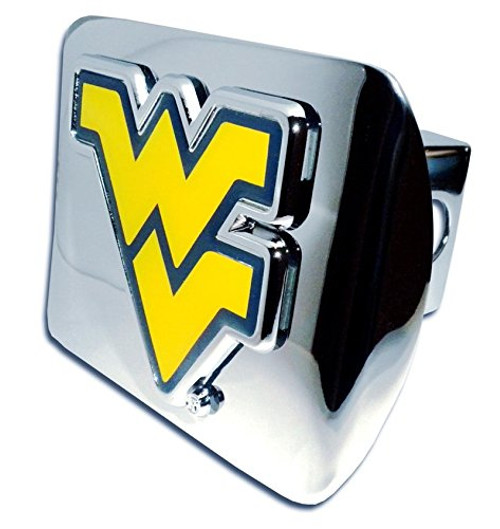West Virginia METAL emblem on chrome METAL Hitch Cover (yellow w/ blue trim) West Virginia METAL emblem on chrome METAL Hitch Cover (yellow w/ blue trim)