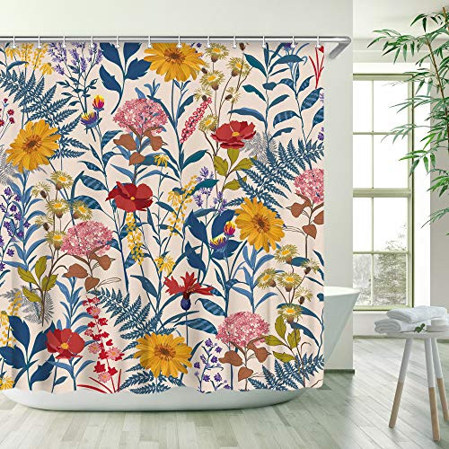 Stacy Fay Shower Curtain, Floral Shower Curtains Set with 12 Hooks, Waterproof Fabric Bathroom Curtain, Decorative Watercolor Multicolor Florals and Leaves, 72 x 78''