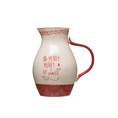 Creative Co-op Merry Y'all 32 oz. Stoneware Pine Foliage Pitcher, Red & Cream