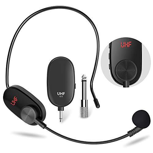 Wireless Microphone Headset with Digital Screen, Adjustable UHF Wireless Headset Mic System Headset Handheld 2 in 1, 164 ft Range, 1/8''&1/4'' Plugs for Voice Amplifier, PA System, Speakers, Teaching