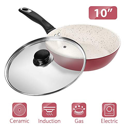 10" Ceramic Wok Pan with Lid, Nonstick Wok Pan with Heat Insulation Handle, 100% APEO & PFOA-Free Non-Stick Coating, Skilllets Cookware, White & Pink, Ideal for Family dining