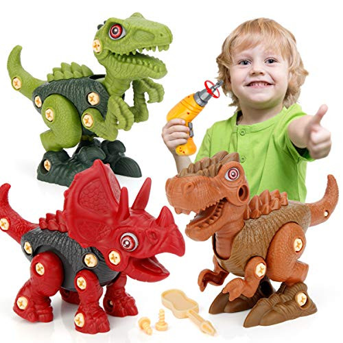 Mini Tudou Dinosaur Toys Figure w/ Electric Drill, Take Apart Building Dinosaur Playset to Create a Dino World Including T Rex, Triceratops, Velociraptor, Construction STEM Kit for Kids, Boys & Girls