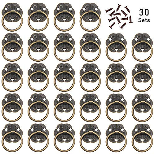 Ceqiny 30 Packs Vintage Ring Handles Rings Pulls Knob Drop Pull Handle Knob for Cabinet Antique Brass Ring Drawer Mini Pull Ring with Screws Door Pull Handle Ring Bronze Tone Home Kitchen Replacement