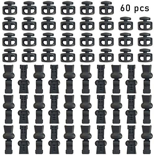 Ceqiny 30 Spring Stoppers 30 Tail Clips Black Cord Locks Plastic Cord Lock Toggle Spring-Stop Paracord Locks Double Hole Spring Plug Toggle for Drawstrings Shoelaces Bags Clothing Lanyard Safety More