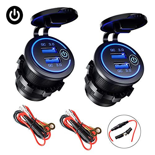 2-Pack Quick Charge 3.0 USB Car Charger with Switch, Waterproof Dual USB QC 3.0 Fast Charger Socket 36W/12V Power Outlet for Marine Boat Rv Motorcycle Truck Golf Cart (Blue)