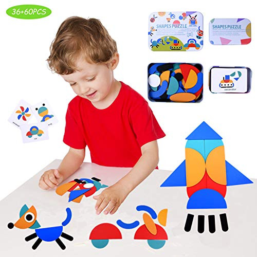 JIAHCN Wooden Pattern Blocks Animals Jigsaw Puzzles, Geometric Montessori Shape Puzzle Educational Toy for Toddlers 36 Pcs 60 Patern Cards